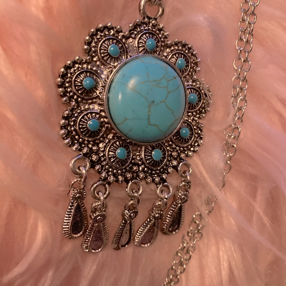 Long turquoise cracked necklace dream catcher